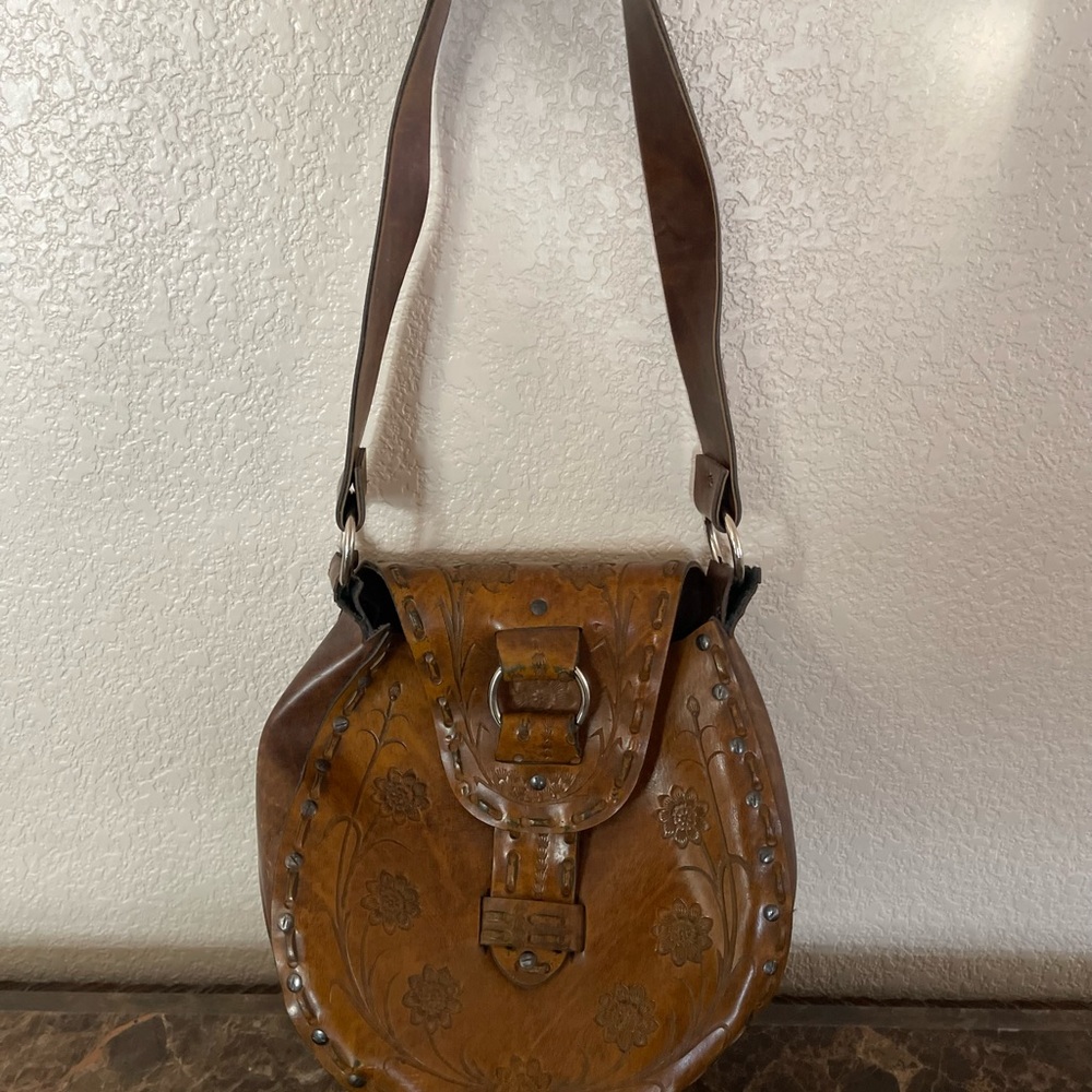 Hand Tooled Flower Embossed Brown Leather Bag